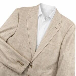 VTG 90s Lands' End 100% Silk Sport Coat Blazer Men 42S Beige Prep Coastal USA